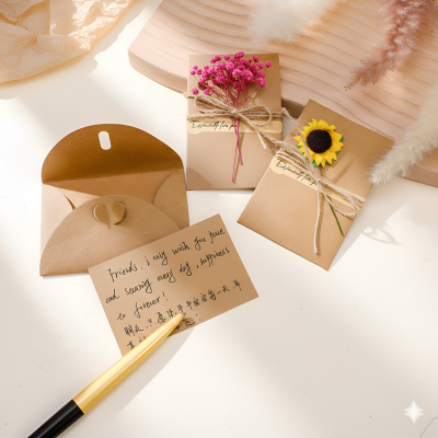 Kraft Greeting Card – Handmade Dried Flower Invitation Greeting Card for Birthday, Wedding, and Eid Festival- (2 Pcs)
