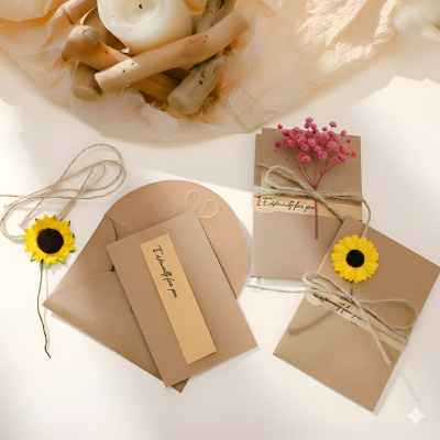 Kraft Greeting Card – Handmade Dried Flower Invitation Greeting Card for Birthday, Wedding, and Eid Festival- (2 Pcs)
