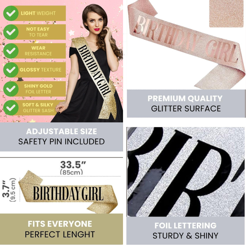Glittery Birthday Girl Sash - Festive Shoulder Strap for Birthday Celebrations for Women & Girl- (Pack of 1 Pcs)