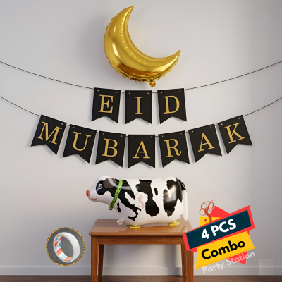 Premium Eid Celebration Combo Pack – Festive Decor for Eid-ul-Adha Vibes Includes: Golden Moon, Cow Balloon, Eid Banner & Double-sided Tape- (Pack of 4 Pcs)