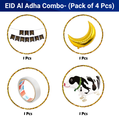 Premium Eid Celebration Combo Pack – Festive Decor for Eid-ul-Adha Vibes Includes: Golden Moon, Cow Balloon, Eid Banner & Double-sided Tape- (Pack of 4 Pcs)