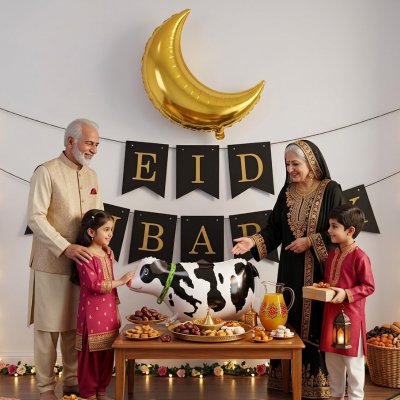 Premium Eid Celebration Combo Pack – Festive Decor for Eid-ul-Adha Vibes Includes: Golden Moon, Cow Balloon, Eid Banner & Double-sided Tape- (Pack of 4 Pcs)