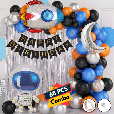 Astronaut Space Galaxy Birthday Decoration Combo - Large Astronaut Foil, Rocket Foil, Silver Moon, Banner & Mixed Color Balloons (68 Pcs)