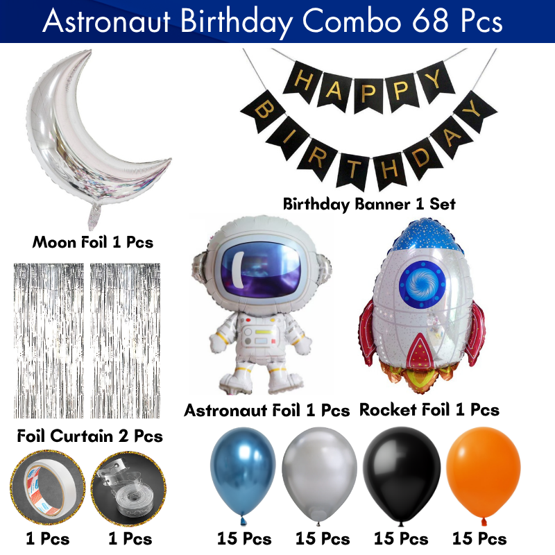 Astronaut Space Galaxy Birthday Decoration Combo - Large Astronaut Foil, Rocket Foil, Silver Moon, Banner & Mixed Color Balloons (68 Pcs)