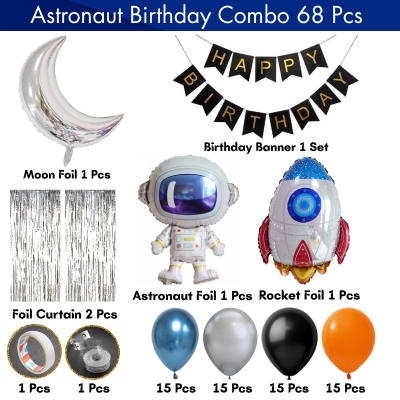 Astronaut Space Galaxy Birthday Decoration Combo - Large Astronaut Foil, Rocket Foil, Silver Moon, Banner & Mixed Color Balloons (68 Pcs)