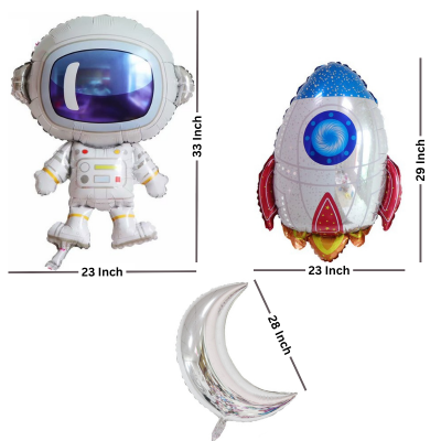 Astronaut Space Galaxy Birthday Decoration Combo - Large Astronaut Foil, Rocket Foil, Silver Moon, Banner & Mixed Color Balloons (68 Pcs)