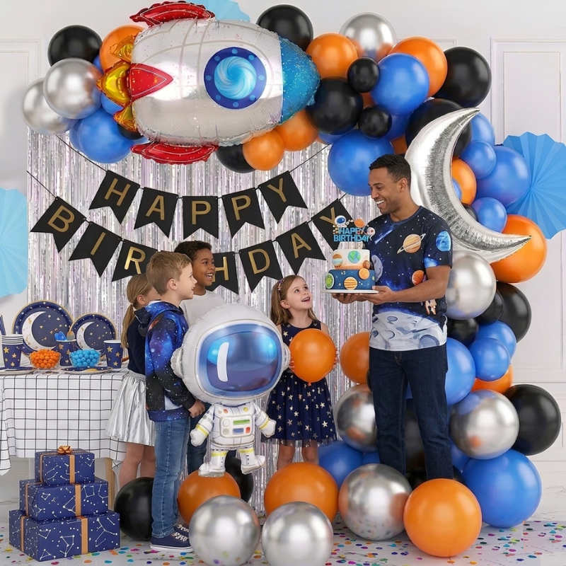 Astronaut Space Galaxy Birthday Decoration Combo - Large Astronaut Foil, Rocket Foil, Silver Moon, Banner & Mixed Color Balloons (68 Pcs)