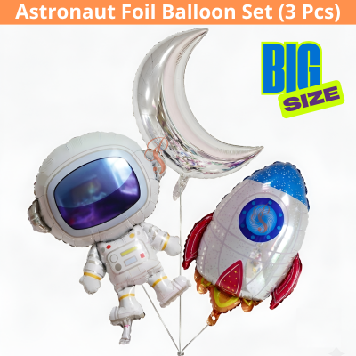 Astronaut, Rocket & Crescent Moon Foil Balloon Set – Outer Space Theme for Kid’s Birthday Party Decor- (Pack of 03 Pcs)