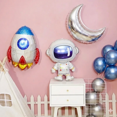 Astronaut, Rocket & Crescent Moon Foil Balloon Set – Outer Space Theme for Kid’s Birthday Party Decor- (Pack of 03 Pcs)