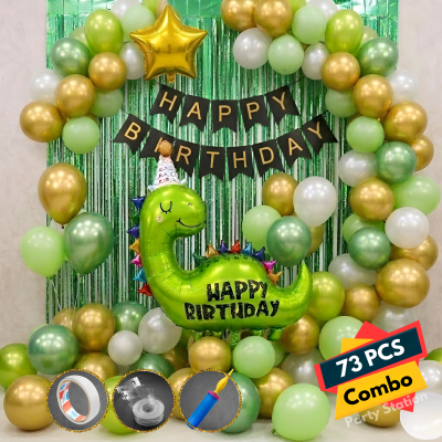 Premium Dinosaur Theme Jungle Animal Birthday Party Decoration Set- All-in-One Package with Foil Curtains, Balloon Pump & Accessories- (73 Pcs)