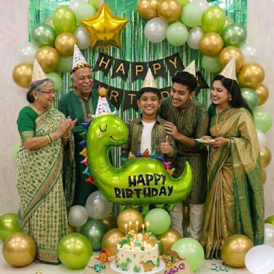 Premium Dinosaur Theme Jungle Animal Birthday Party Decoration Set- All-in-One Package with Foil Curtains, Balloon Pump & Accessories- (73 Pcs)
