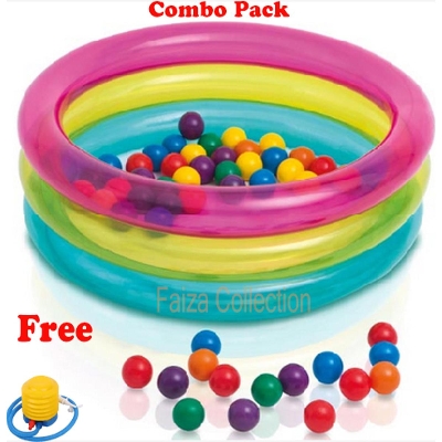 Picture of 34x10 " Intex Baby Bath Tub Baby Swimming Pool with Pumper and Plastic Water Pool Ocean Ball -20 Pcs (Combo Pack) Multicolor