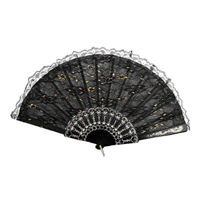 Picture of Chinese Hand Held Folding Fan Flower Pattern Side Lace Black