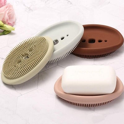 Picture of Multifunctional Silicone Soap Box With Brush Kitchen Bathroom Cleaning Brush Soap Dish Sheet Drain Multicolor