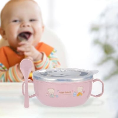 Picture of Cimiva Smart Stainless Steel Cartoon Feeding Bowl with Handles and Spoon for Baby-Random Color Multicolor