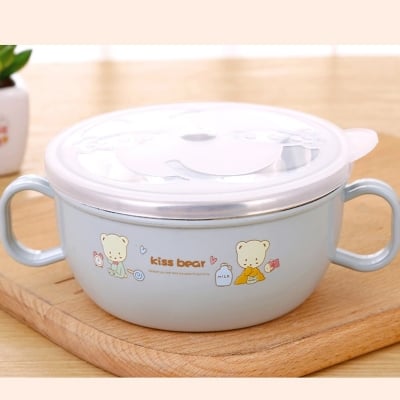 Picture of Cimiva Smart Stainless Steel Cartoon Feeding Bowl with Handles and Spoon for Baby-Random Color Multicolor