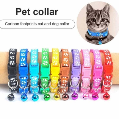 Picture of Dog Puppy Cat Kitten Buckle Cute Paw Print Bell Adjustable Pet Collar- multicolour