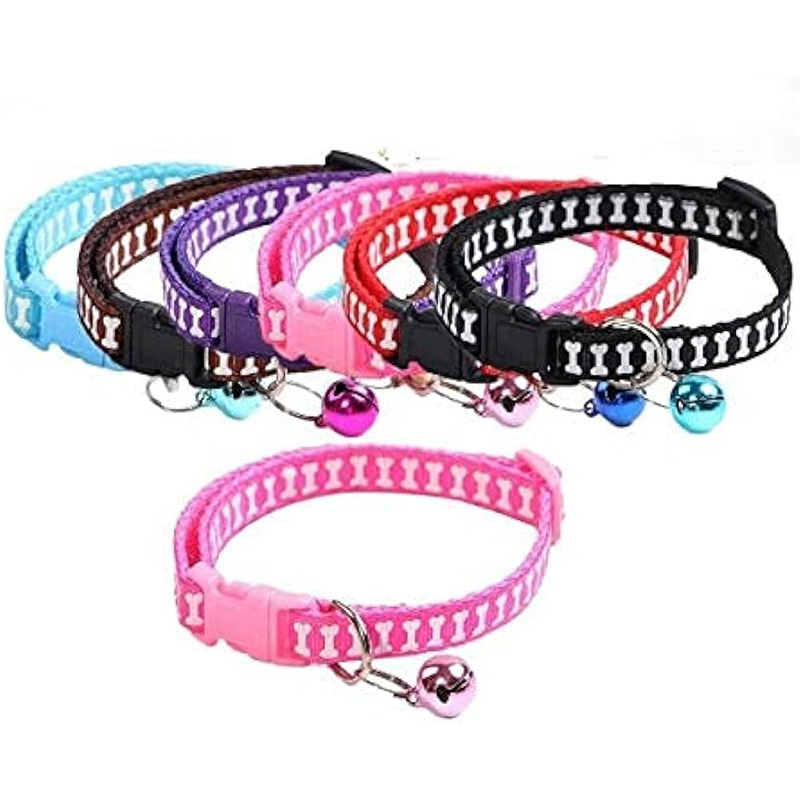 Picture of Dog Puppy Cat Kitten Buckle Cute Paw Print Bell Adjustable Pet Collar- multicolour
