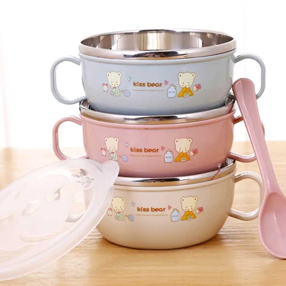 Picture of Baby Stainless Steel Feeding Bowl Spoon Set Thermal Insulation Bowl with Cover Handle Anti Falling Tablet Ware Children's Training Feeding Bowl Multicolor