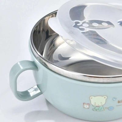 Picture of Baby Stainless Steel Feeding Bowl Spoon Set Thermal Insulation Bowl with Cover Handle Anti Falling Tablet Ware Children's Training Feeding Bowl Multicolor
