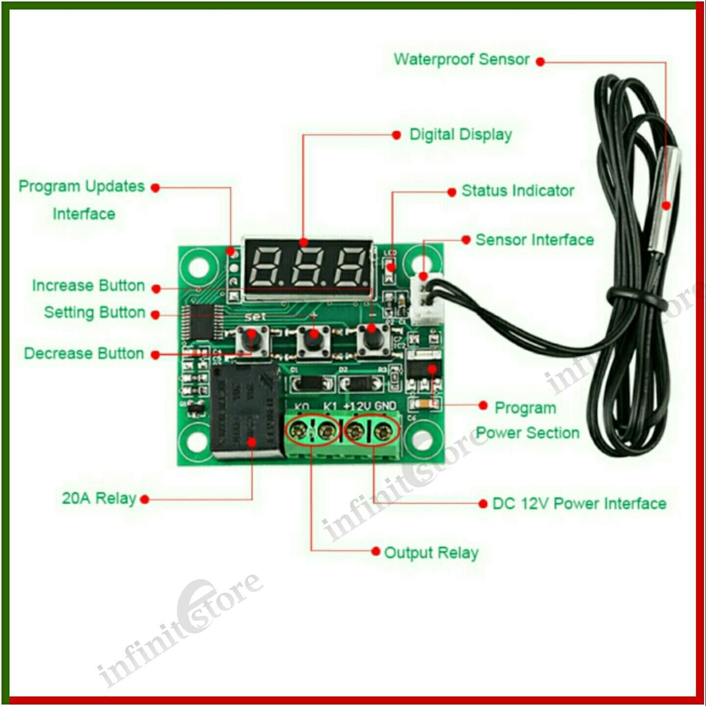 Picture of W1209 Dc 12V Digital Cool/Heat Temp Thermostat Thermometer Temperature Controller On/Off Switch -50Â°C-110Â°C Three Digit Red Led Tube - Multimeter Green