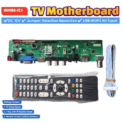 Picture of HDV-56R AS V2.1 Universal LCD LED TV Controller Driver Board Jumper Selection DC 12V Master TV Receiver Board HDV56U-AS TV/PC/VGA/HDMI/USB + 7 Key IR Receiver Board replace T.V56 DS-V59 