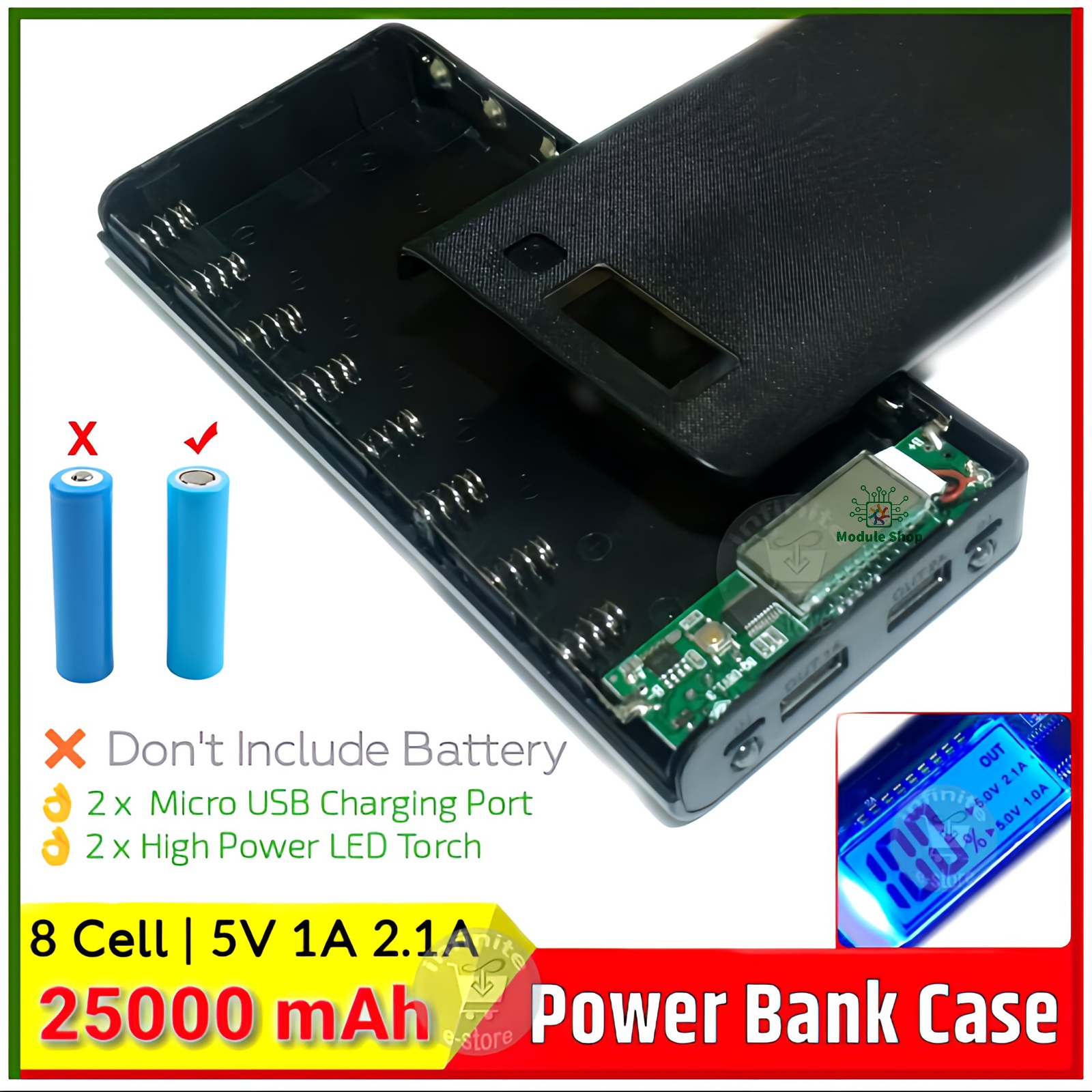 Picture of 8x18650 Power Bank Casing with Digital LCD Display Circuit 5V 2A 2xUSB Output 2xCharging Port without Battery for Mobile Phone Charging 5V USB LED etc Random Color
