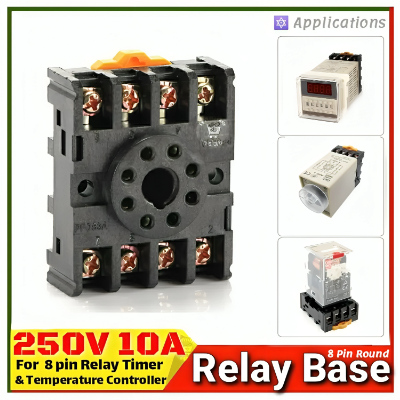 Picture of DIN Rail Mounted 8 Round Pins Relay Holder Socket 8 Pin Reay Base 2-M4X20 for MK2P-I AH2-Y For Omron Finder 8 pin Relay Temperature and Timers 8 Pin Round Base