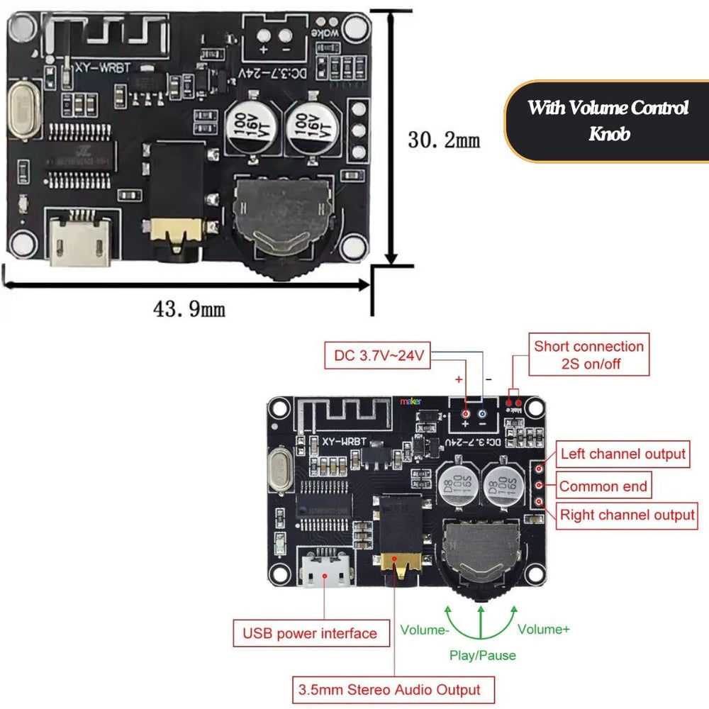 Picture of Bluetooth 5.0 Decoder Stereo mp3 lossless Receiver Board Micro USB Type C Power 3.5mm Audio Output XY-WRBT 
