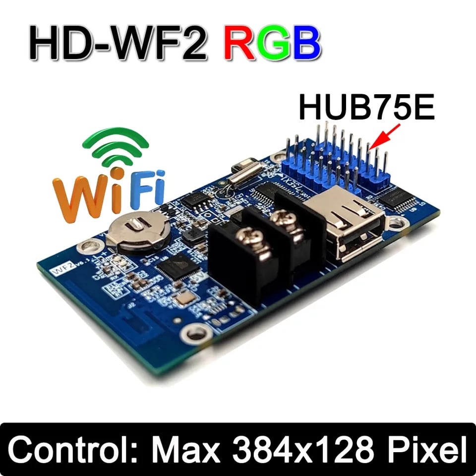 Picture of HD-WF2 Wi-Fi + USB Asynchronous Full color led control card Android Apps Operated 2x Hub75 Port 768x64 pixel for P3 P5 P6 P10 RGB LED Panel Equivalent HD-U60-75 HD-U6A HD-W60-75 Green