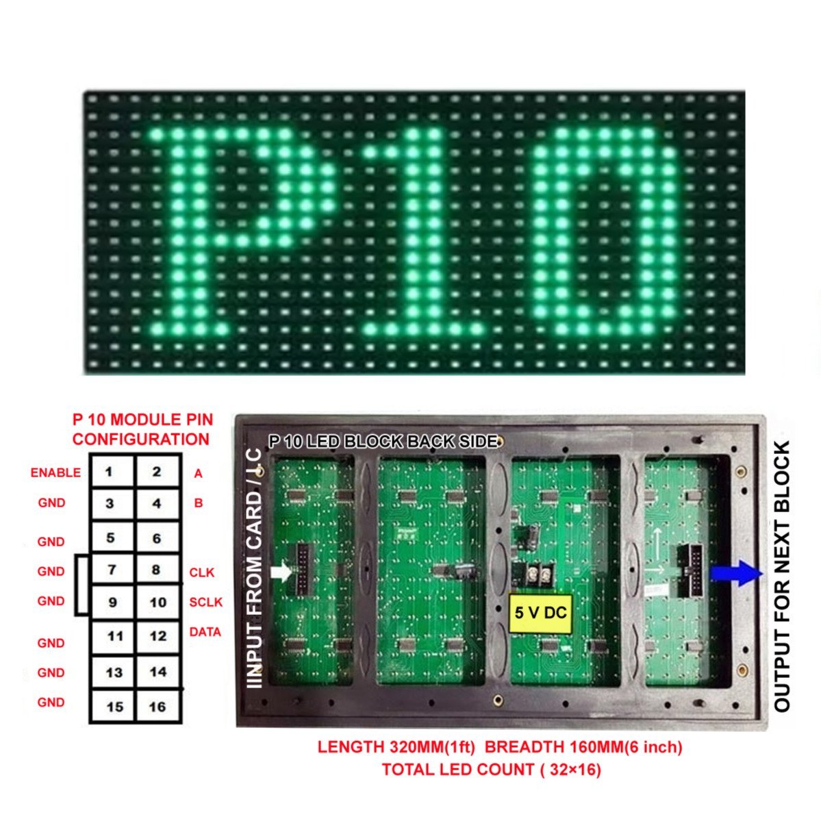 Picture of P10 Single Color Red Green Blue Yellow White LED Module smd 32x16 Pixel 320x160 mm Size 12x6 inch for LED Messeges display Scrolling Text led signboard 