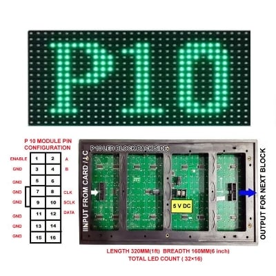 Picture of P10 Single Color Red Green Blue Yellow White LED Module smd 32x16 Pixel 320x160 mm Size 12x6 inch for LED Messeges display Scrolling Text led signboard 