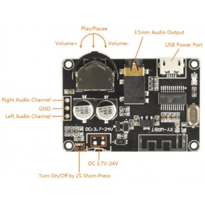 Picture of XY-WRBT Bluetooth 5.0 Stereo Audio Receiver board connect to XH-M139 TDA2030 for Quality Sonund 