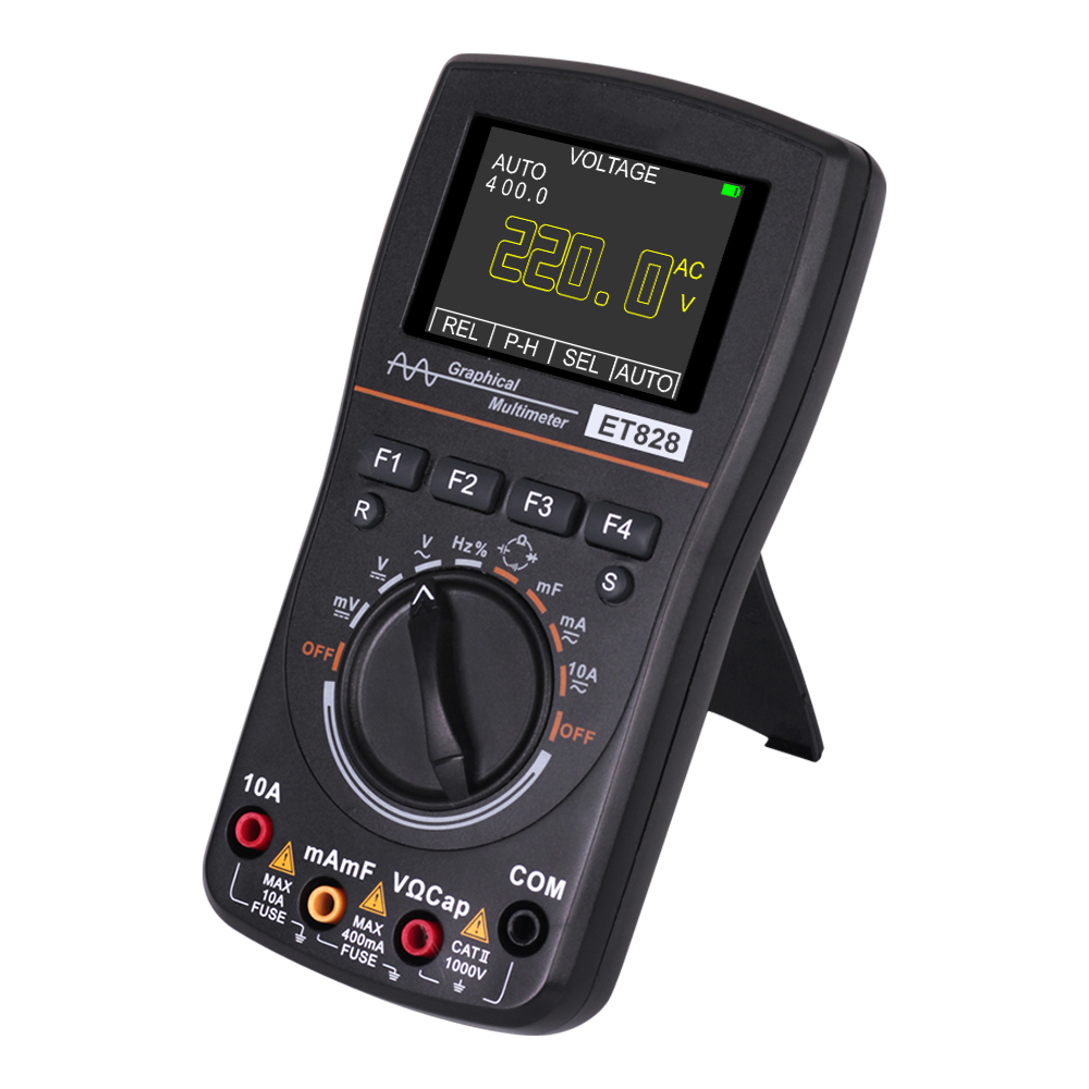 Picture of Digital Oscilloscope Multimeter Current Voltage Capacitance Resistance Frequency Tester Analog Bar Graph Data Waveform Display 20KHZ Bandwidth Auto Range Backlight ET828 