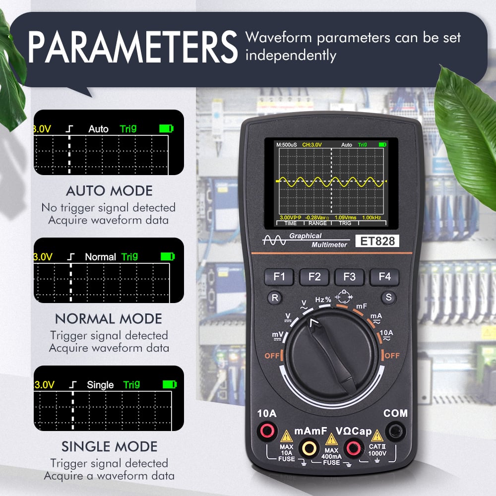 Picture of Digital Oscilloscope Multimeter Current Voltage Capacitance Resistance Frequency Tester Analog Bar Graph Data Waveform Display 20KHZ Bandwidth Auto Range Backlight ET828 