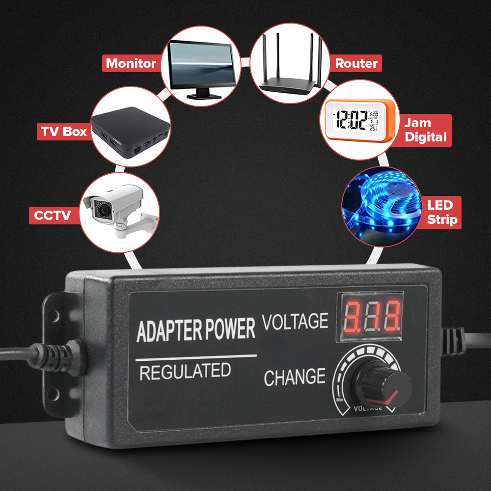 Picture of Adjustable DC 24V 3A Power Adapter with LED Voltmeter 775 Motor Power Supply AC 220V to DC 3V-24V Lighting Power Supply for LED Light RS775 775 DC Motor Audio Amplifier Black