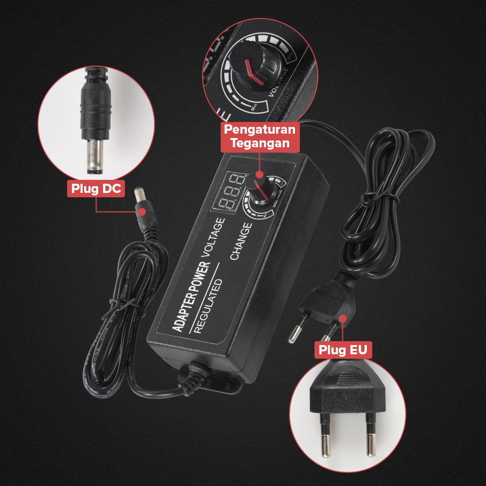 Picture of Adjustable DC 24V 3A Power Adapter with LED Voltmeter 775 Motor Power Supply AC 220V to DC 3V-24V Lighting Power Supply for LED Light RS775 775 DC Motor Audio Amplifier Black
