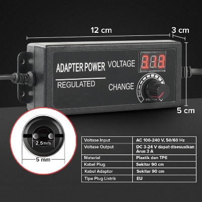 Picture of Adjustable Power Adapter 3V-24V 5A with LED Voltmeter 24V Variable Power Supply For 775 DC Motor  LED Monitor Audio Amplifier DC Water Pump - Multi Plug - Multi Plug 