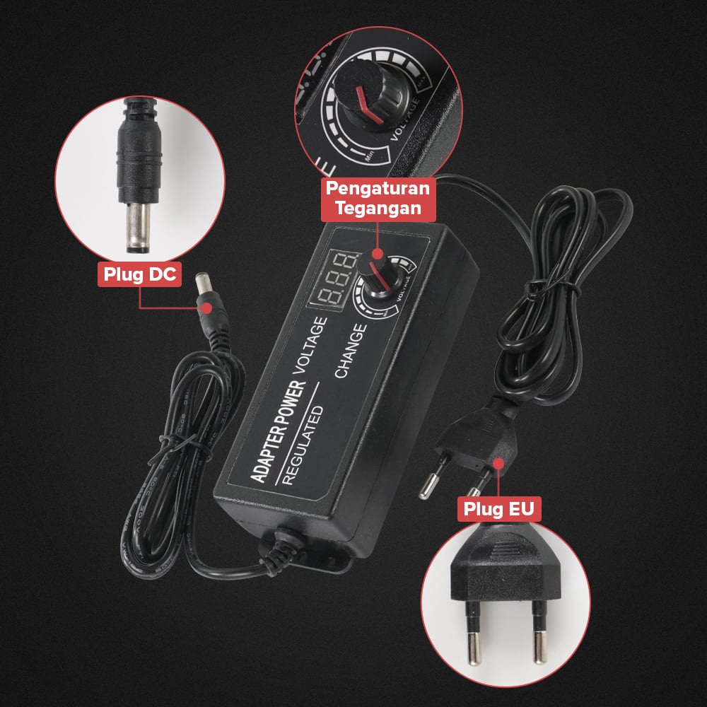 Picture of Adjustable Power Adapter 3V-24V 5A with LED Voltmeter 24V Variable Power Supply For 775 DC Motor  LED Monitor Audio Amplifier DC Water Pump - Multi Plug - Multi Plug 
