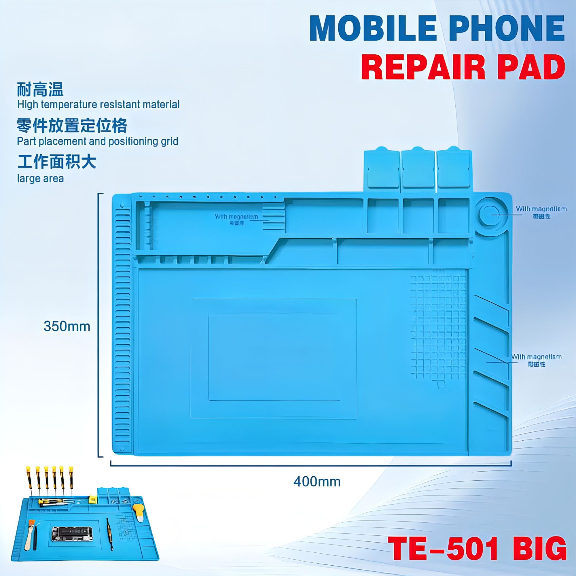 Picture of Silicone Solder Mat Magnetic Heat Insulation Mobile Repairing Mat with Tools Parts Organizer Electronics Repair Mat for Soldering Iron 858A 878D Heat_Gun Phone and Computer Repair Repair Tools Mate TE-502 TE-501 