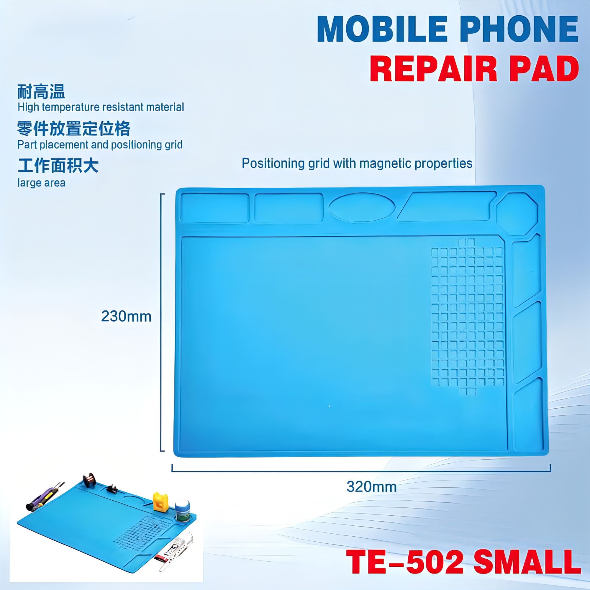 Picture of Silicone Solder Mat Magnetic Heat Insulation Mobile Repairing Mat with Tools Parts Organizer Electronics Repair Mat for Soldering Iron 858A 878D Heat_Gun Phone and Computer Repair Repair Tools Mate TE-502 TE-501 