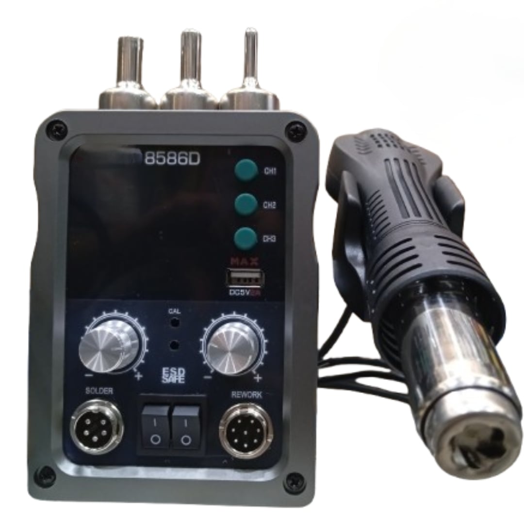 Picture of Mobile Phone Soldering Rework Station Hot Gun With Lead Free Soldering Iron Station & Dual LED Digital Display Adjustable Temperature & Air Flow similar Koocu Baku Active One-Stop 886D+ 8586D Kada 8586D 