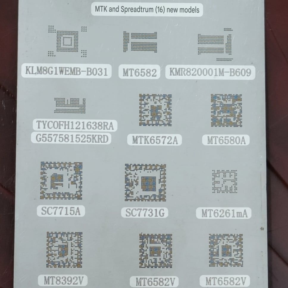 Picture of Universal IC Reballing Sheet BGA Stencils for Samsung HTC Huawei Android Button Mobile Directly Heated Mediatek MTK Spreadtrum Ram EMMc Power Management Chip RF Transceiver GSM GPRS SoC Reballing Stencils Kit A97 Similar A100 A99 A98 