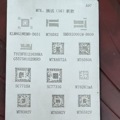 Picture of Universal IC Reballing Sheet BGA Stencils for Samsung HTC Huawei Android Button Mobile Directly Heated Mediatek MTK Spreadtrum Ram EMMc Power Management Chip RF Transceiver GSM GPRS SoC Reballing Stencils Kit A97 Similar A100 A99 A98 