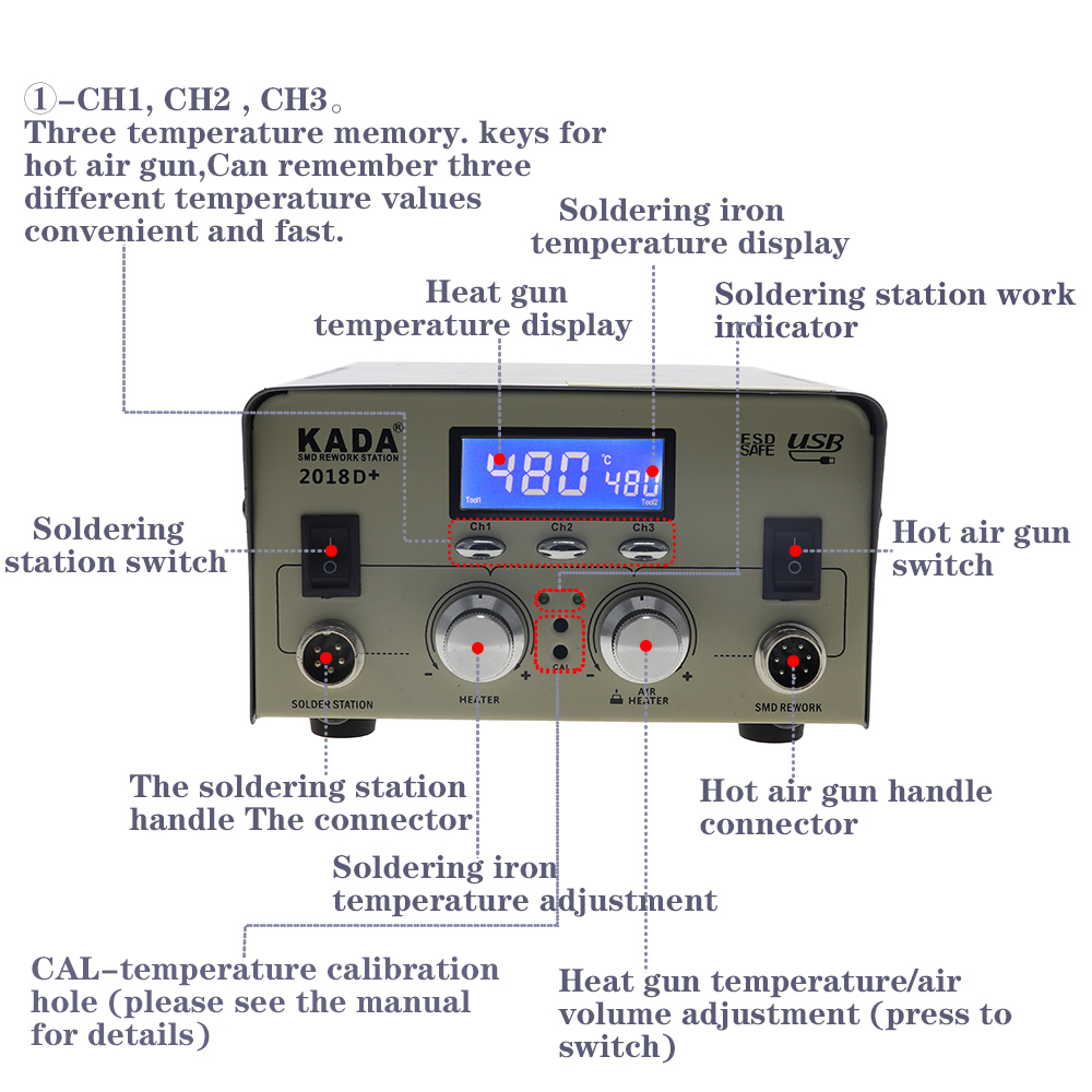 Picture of Dual Display Double digital display 2 IN 1 Hot Air Gun ESD Soldering Station LED Digital Desoldering Station Upgrade kada-2018D+ 