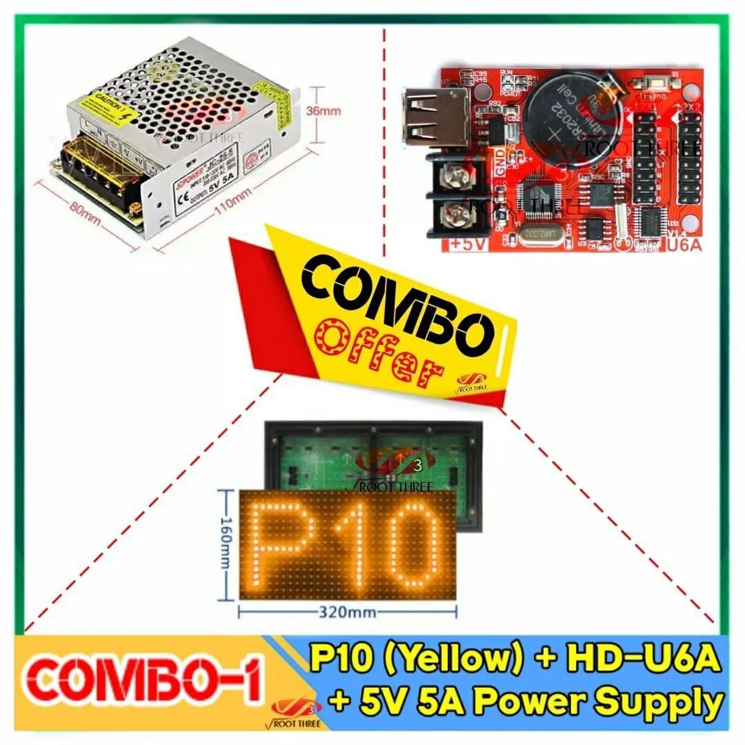 Picture of P10 Single Color Digital Signboard Combo Bundle 32x16 Pixel SMD 12"x6" Panel + 5V 5A PS + HD-U6a Control Card 