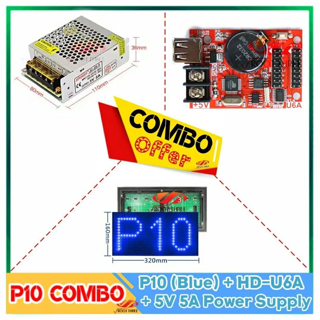 Picture of P10 Single Color Digital Signboard Combo Bundle 32x16 Pixel SMD 12"x6" Panel + 5V 5A PS + HD-U6a Control Card 