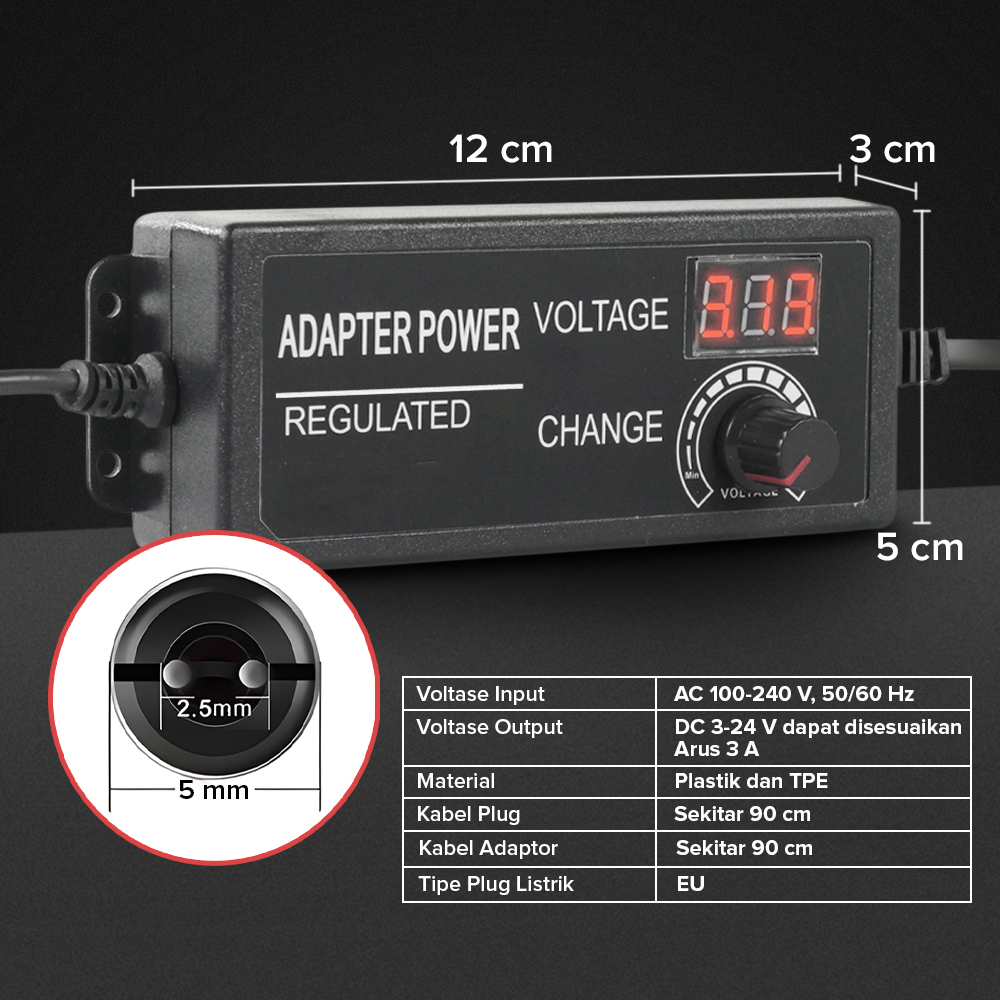 Picture of Universal Adjustable AC/DC Switching Power Adapter 3V to 24V 3A with LED Voltage Display EU Plug 