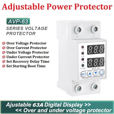Picture of Adjustable Digital Dual Display Real Time Monitoring Over Current Over Voltage Protector AC 220V 63A Household Din Rail 