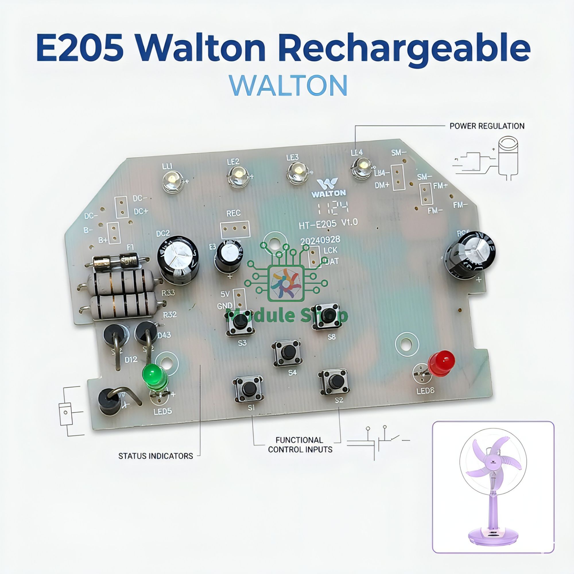 Picture of HT-E205 Walton Rechargeable Stand Fan Circuit Board LED Function 12V 45W 16 inch Fan Driver Board Replacement Parts of WRSF16B-RMC 